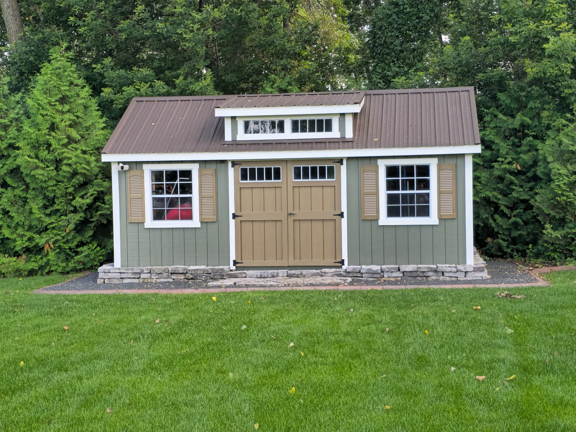 Garden Shed Makeover with Contrasting Doors · White Bear Lake, MN · Siding, doors, shutters, trim Garden Shed Exterior Painting in White Bear Lake, MN