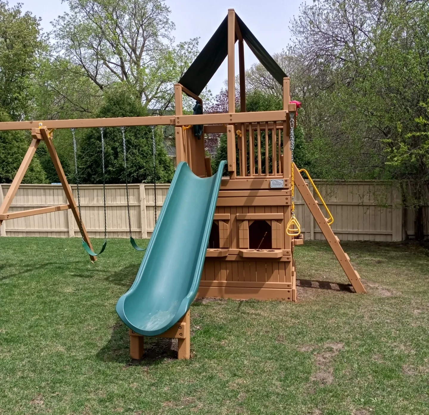 Natural Cedar Swing Set with Slide · Vadnais Heights, MN · Swing set staining, zero-VOC, child-safe Natural Cedar Swing Set Staining in Vadnais Heights, MN