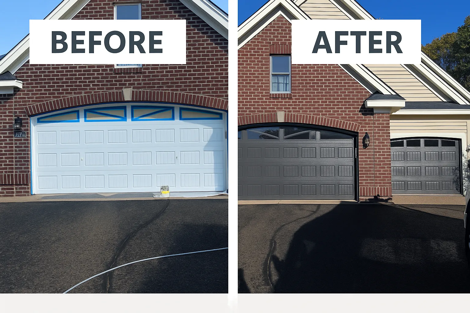 Garage Door Painting - White to Charcoal Gray · Shoreview, MN · Color change, prime, 2-coat exterior finish Before and After Garage Door Painting in Shoreview, MN