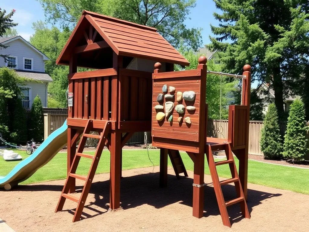 Dark Walnut Fort with Climbing Wall · Maplewood, MN · Fort structure, dark walnut stain, climbing wall Dark Walnut Playground Fort Staining in Maplewood, MN