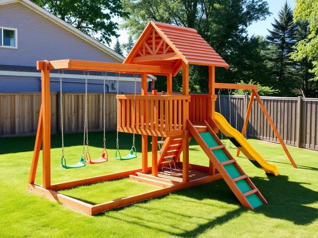 Honey Cedar Playset with Swings and Slide · Arden Hills, MN · Full playset, honey stain, child-safe coating Honey Cedar Playset Staining in Arden Hills, MN